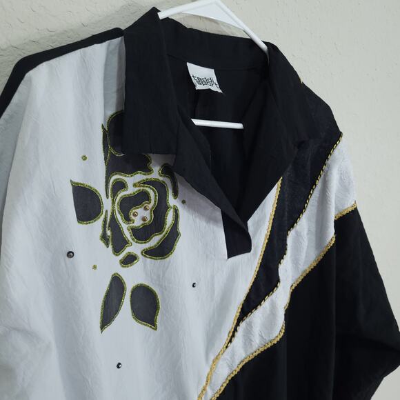 Vintage 80s Top Teddi Sport Womens 10 Black White Blouson Retro Floral D… - Picture 8 of 11